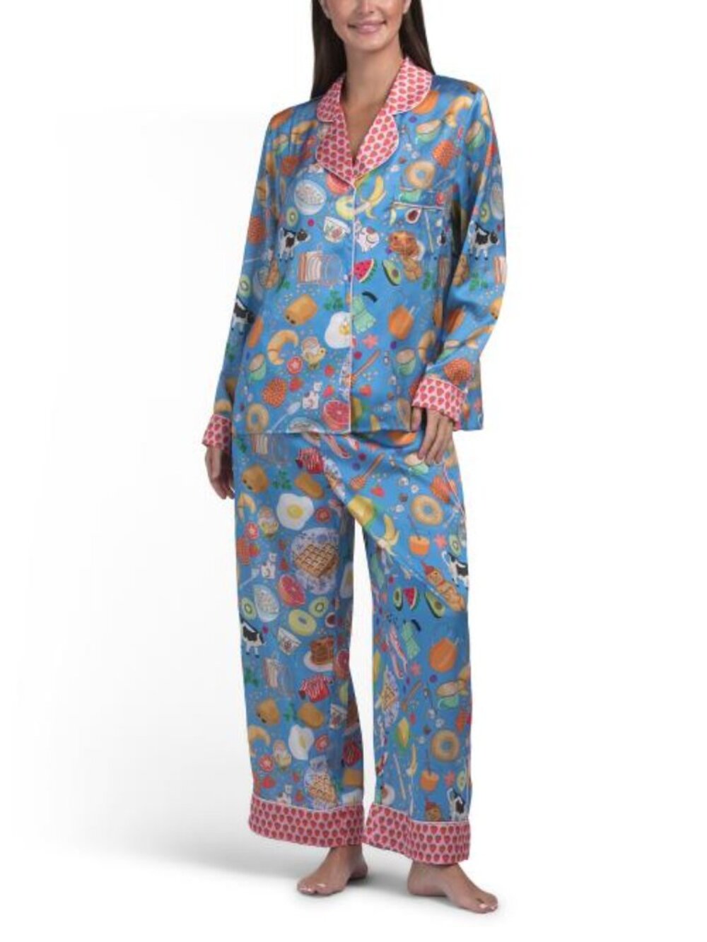 KAREN MABON 2pc Breakfast Print Notch Collar Pajama Set With Contrast Trim